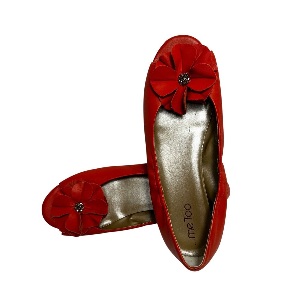 ...me too women's orange leather rosette silver open toe ballet flats size 9.5M